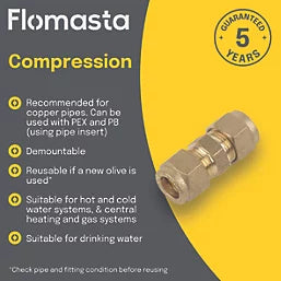 Flomasta Brass Compression Equal Couplers 22mm 10 Pack