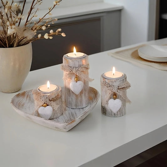 Antique Wooden Heart Candle Holder with Tea Light Stand