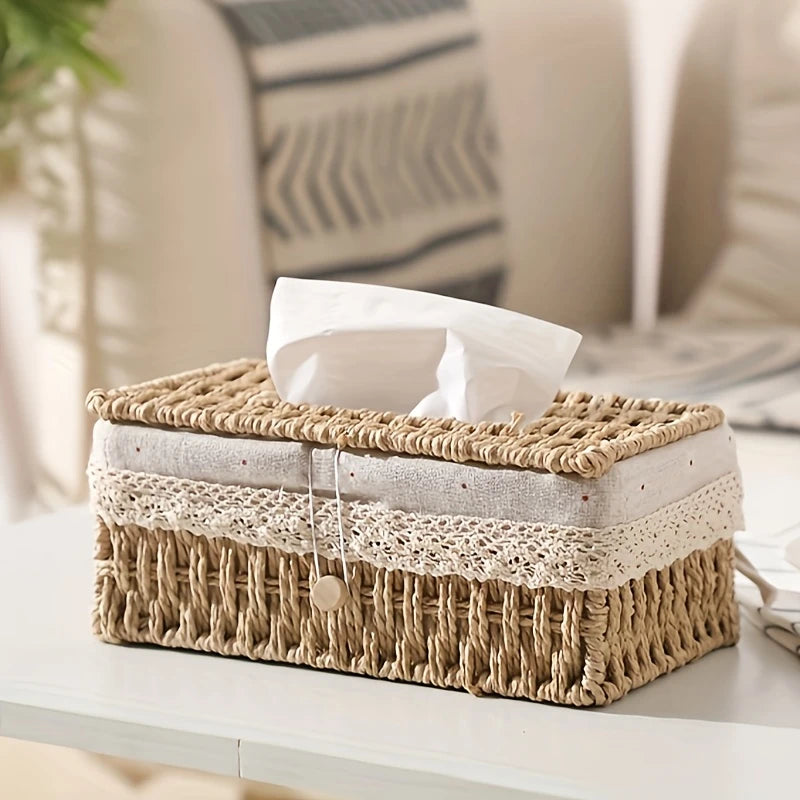 Handwoven tissue box with lid, lined tissue storage container, suitable for home