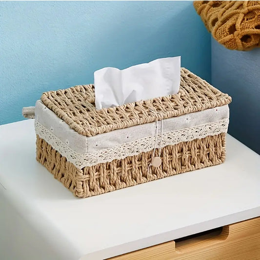 Handwoven tissue box with lid, lined tissue storage container, suitable for home